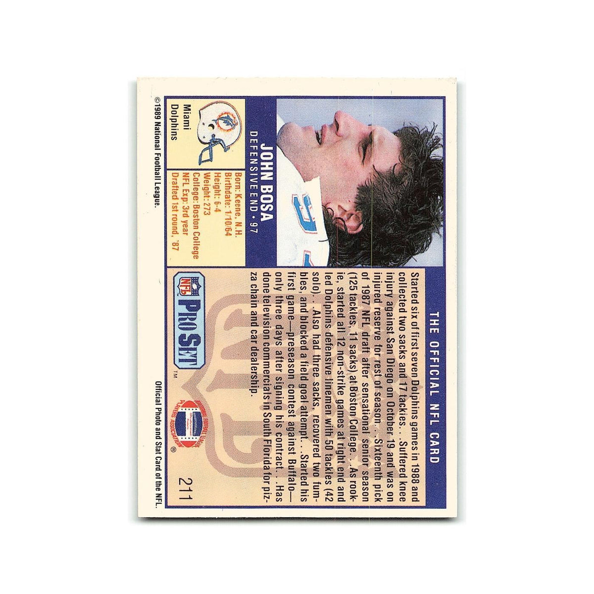 John Bosa 1989 Pro Set #211 Miami Dolphins Football Card NM