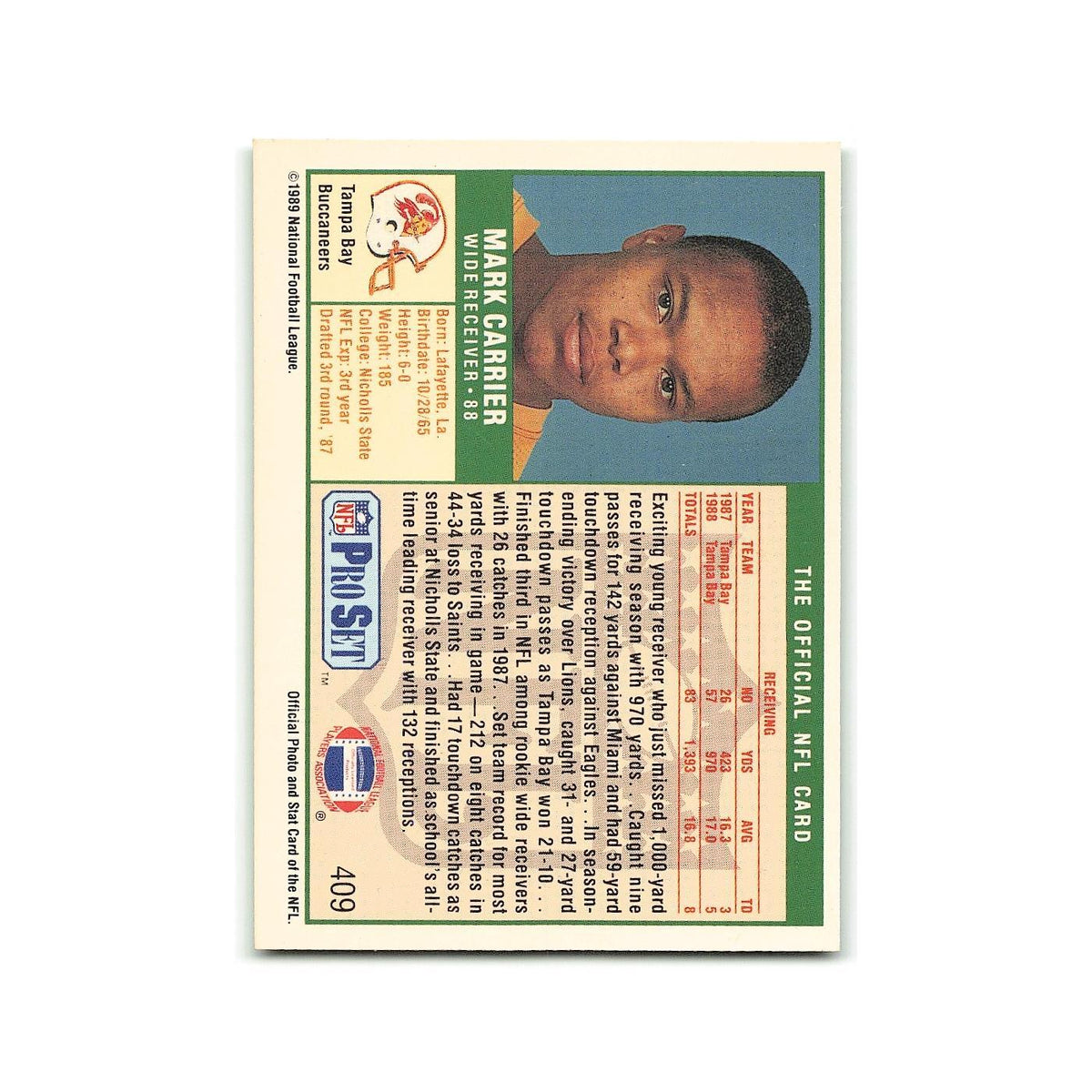 Mark Carrier 1989 Pro Set #409 Tampa Bay Buccaneers Football Card NM