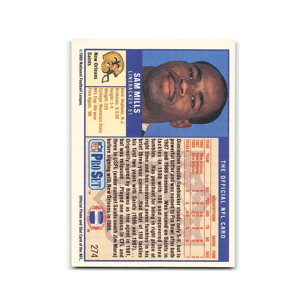 Sam Mills 1989 Pro Set #274 New Orleans Saints Football Card NM