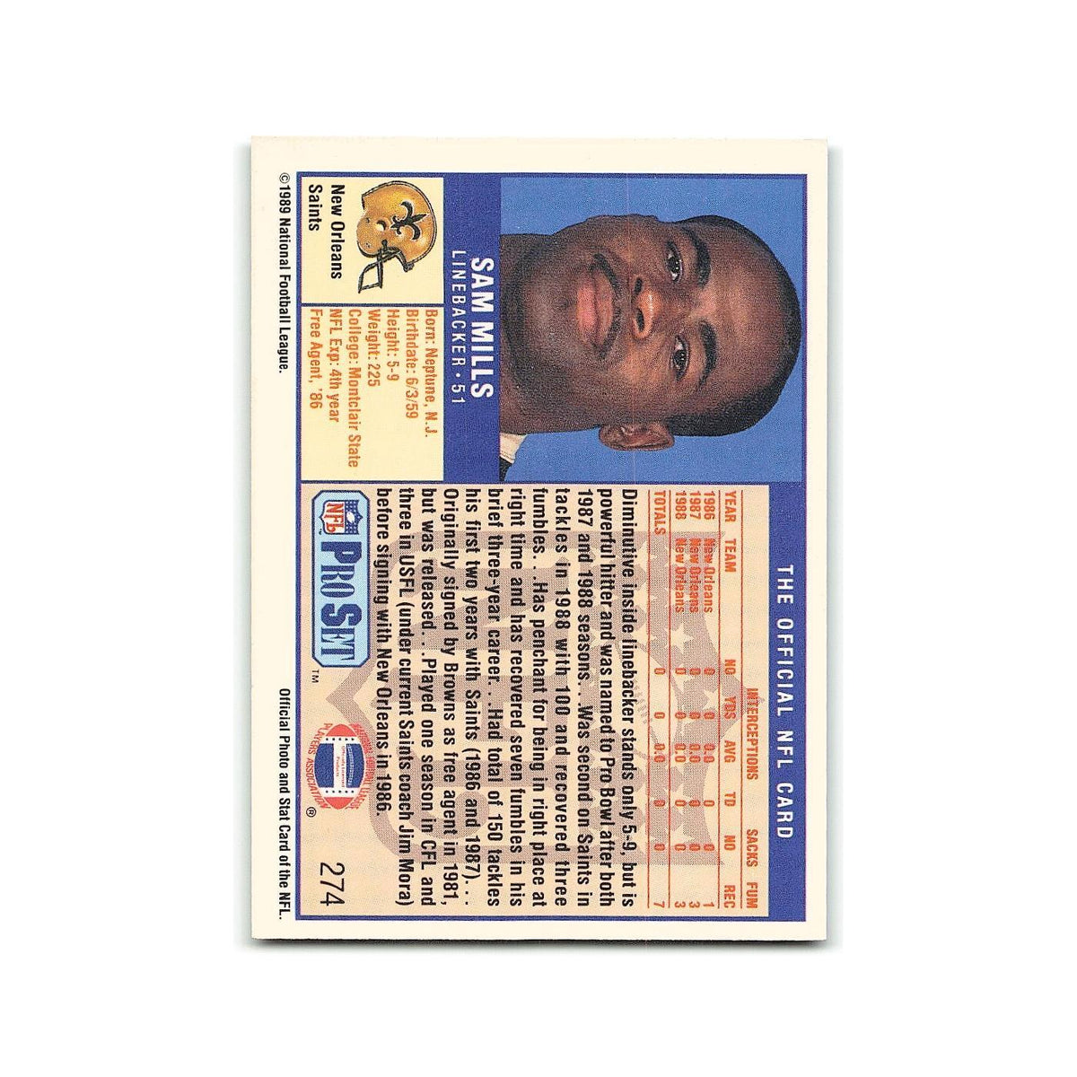 Sam Mills 1989 Pro Set #274 New Orleans Saints Football Card NM