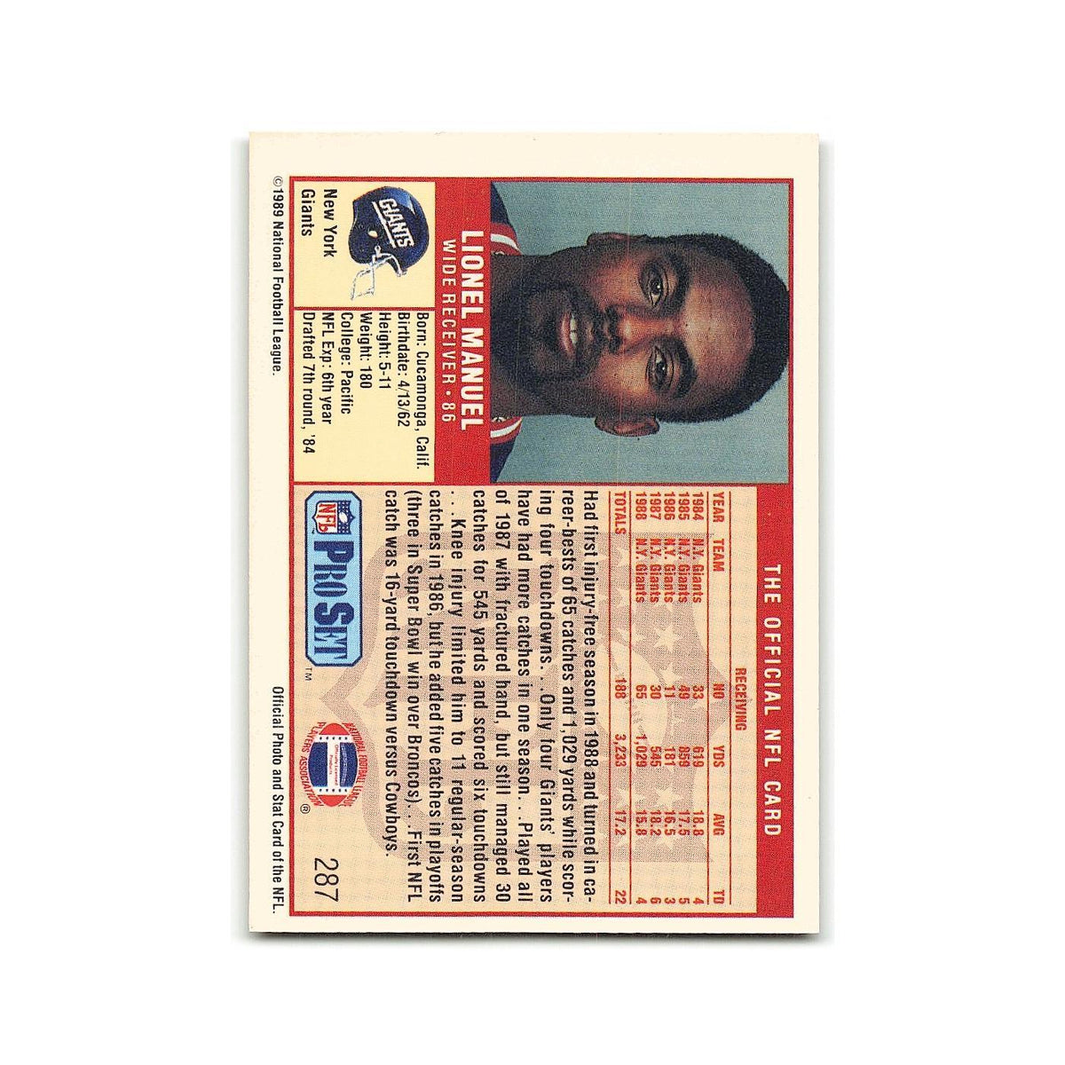 Lionel Manuel 1989 Pro Set #287 New York Giants Football Card NM