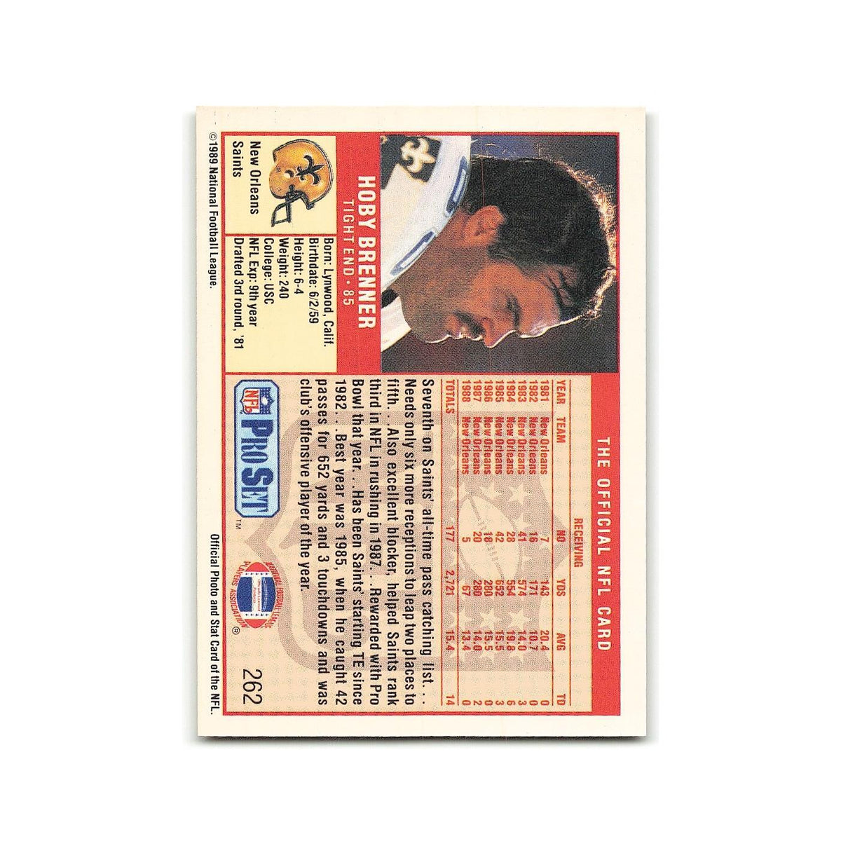 Hoby Brenner 1989 Pro Set #262 New Orleans Saints Football Card NM