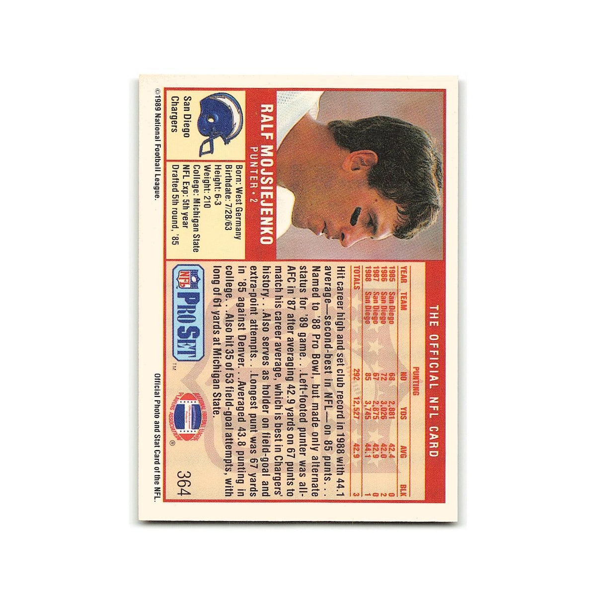 Ralf Mojsiejenko 1989 Pro Set #364 San Diego Chargers Football Card NM