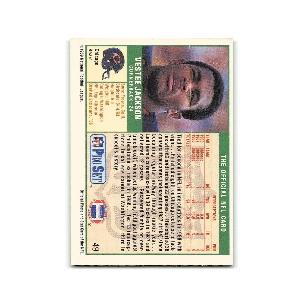 Vestee Jackson 1989 Pro Set #49 Chicago Bears Football Card NM