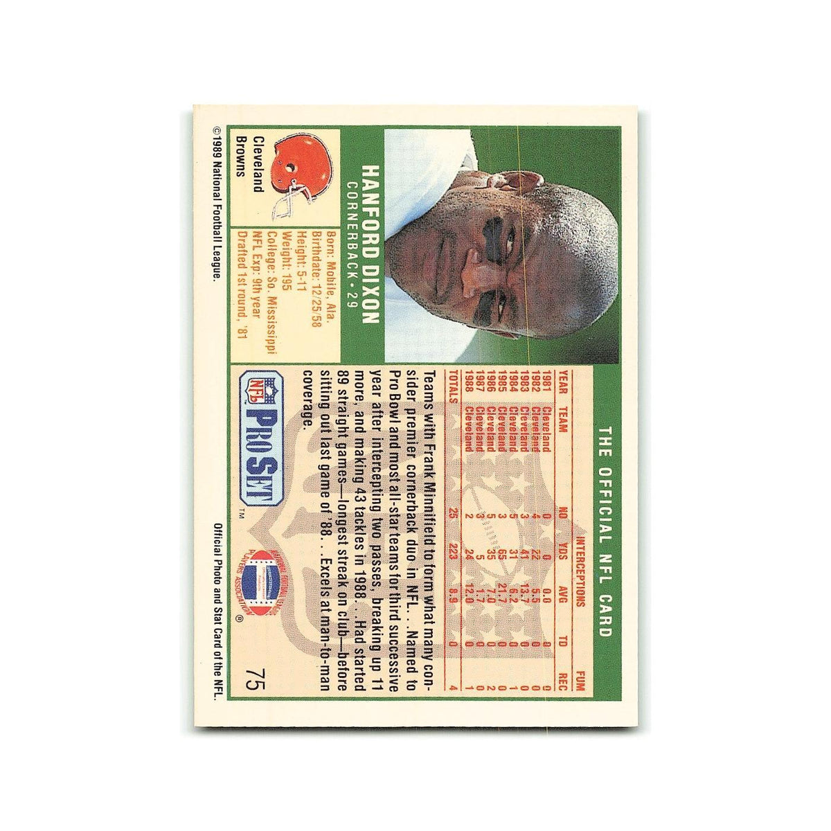 Hanford Dixon 1989 Pro Set #75 Cleveland Browns Football Card NM