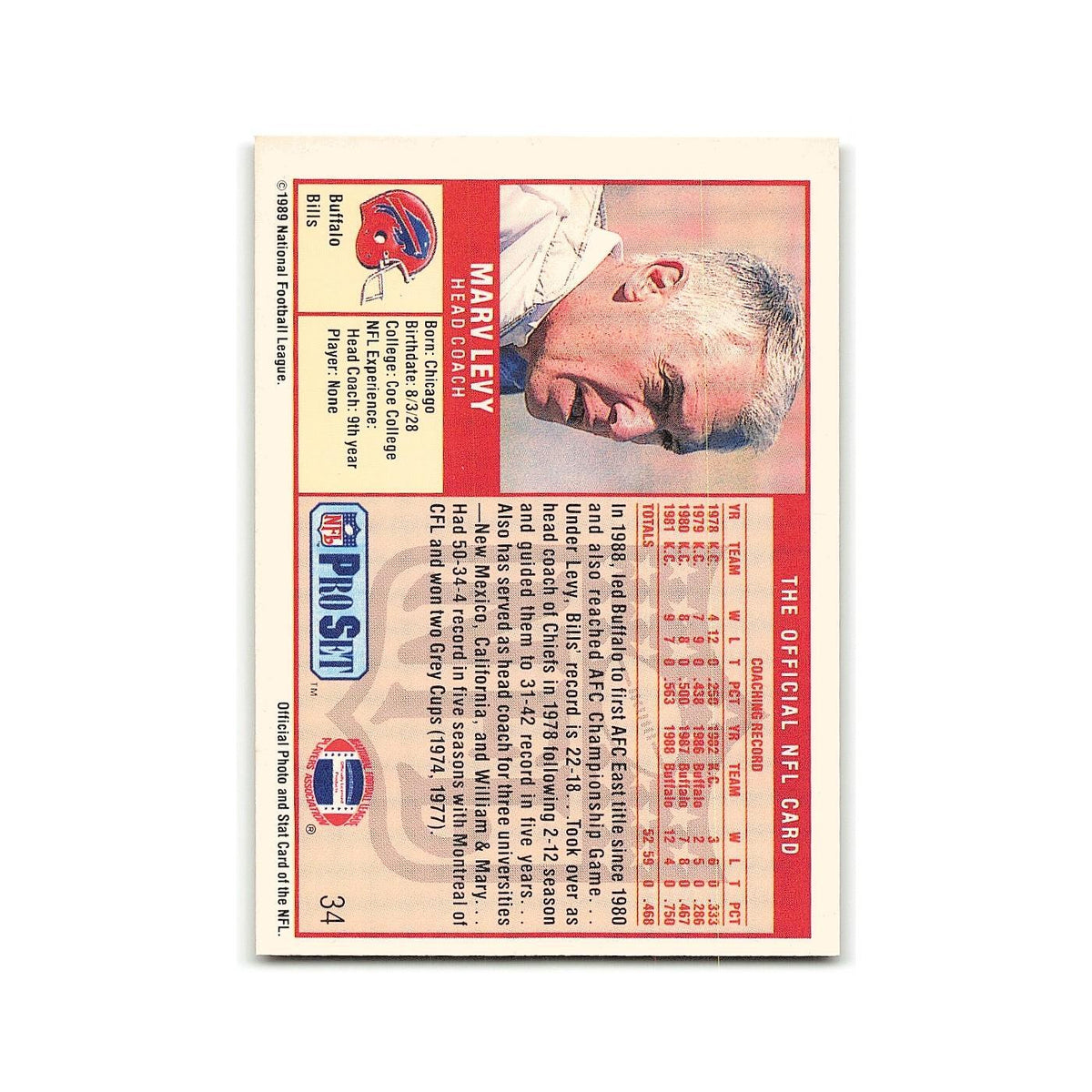 Marv Levy 1989 Pro Set #34 Buffalo Bills Football Card NM