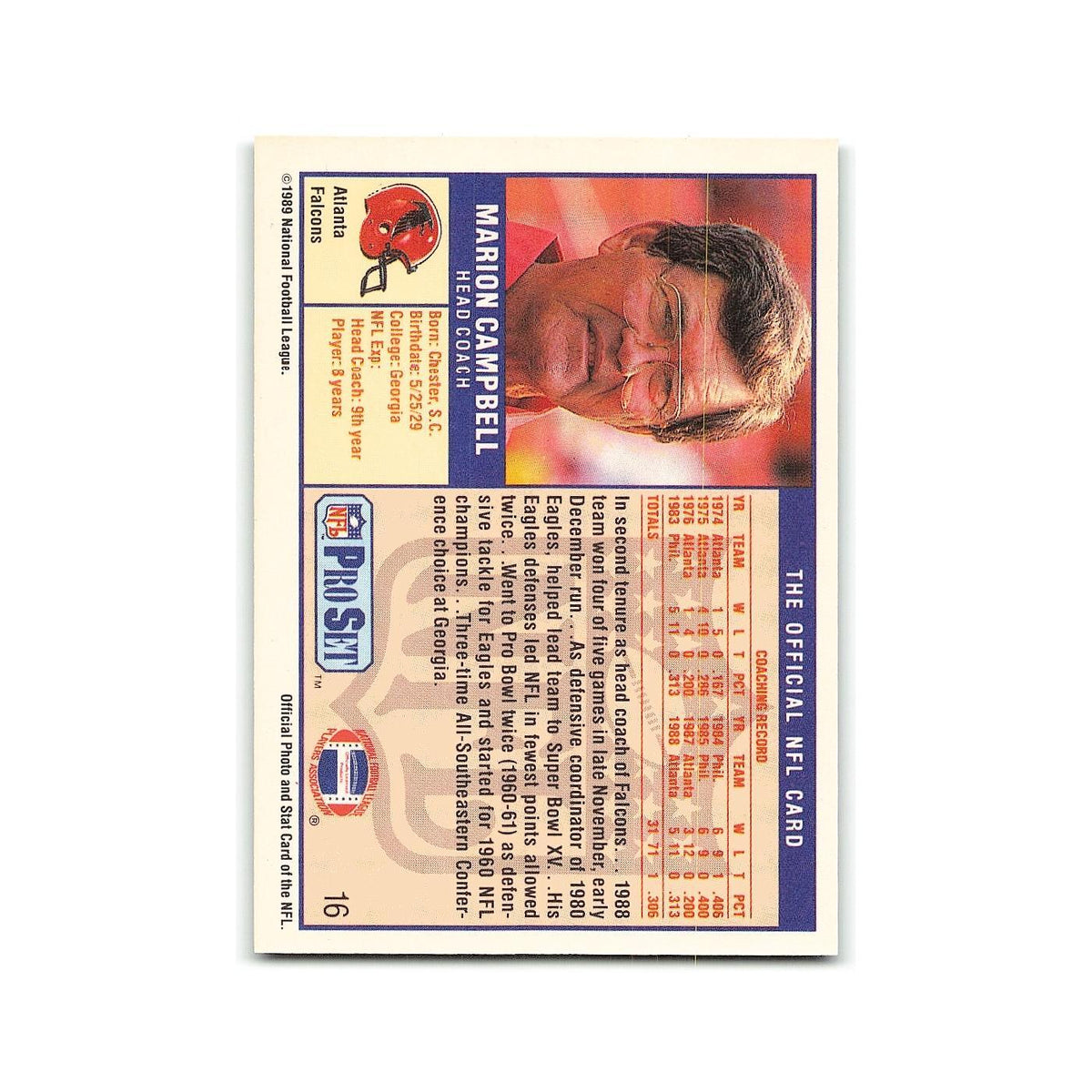 Marion Campbell 1989 Pro Set #16 Atlanta Falcons Football Card NM