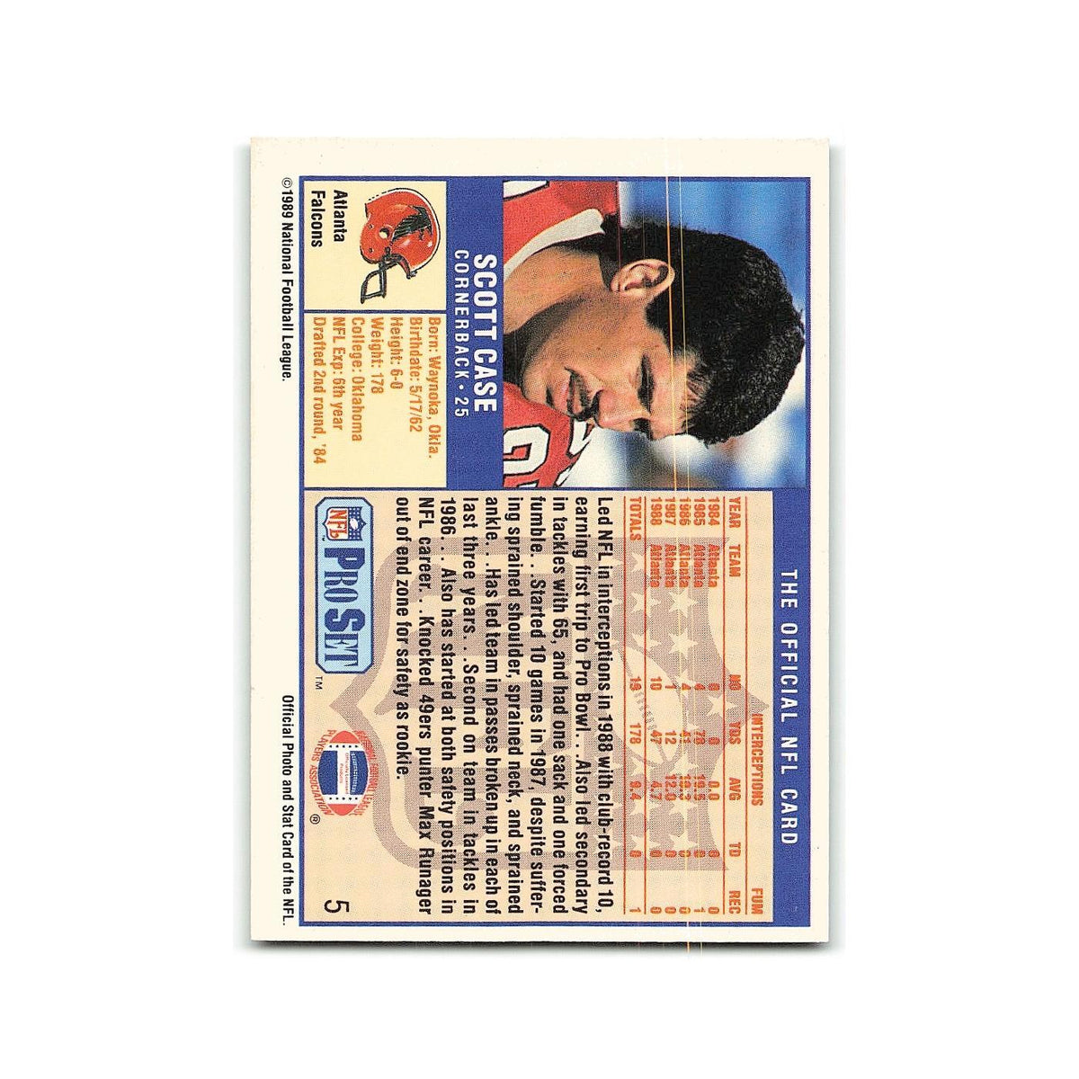 Scott Case 1989 Pro Set #5 Atlanta Falcons Football Card NM