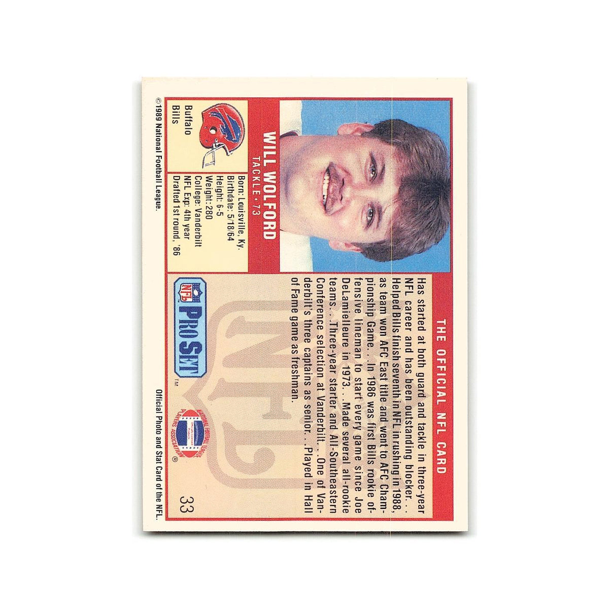 Will Wolford 1989 Pro Set #33 Buffalo Bills Football Card NM