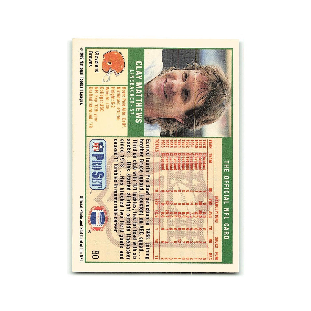 Clay Matthews 1989 Pro Set #80 Cleveland Browns Football Card NM