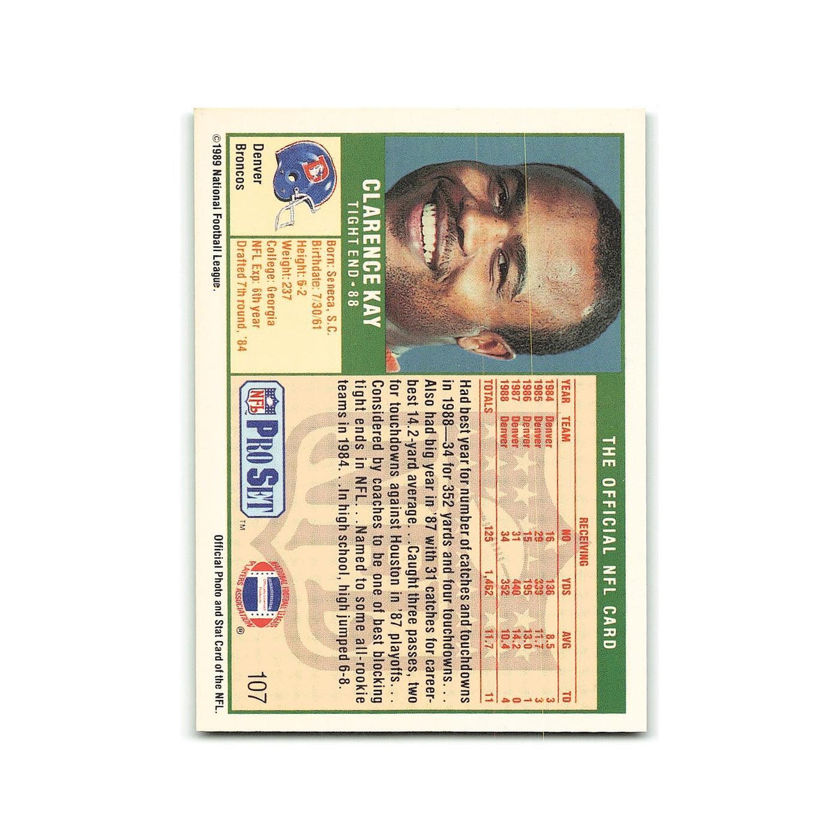Clarence Kay 1989 Pro Set #107 Denver Broncos Football Card NM