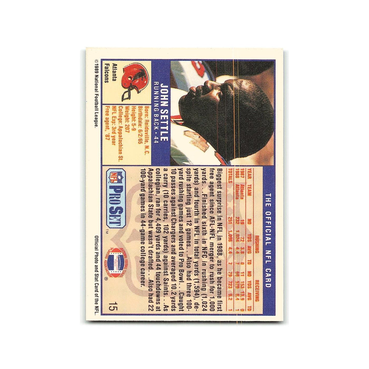 John Settle 1989 Pro Set #15 Atlanta Falcons Football Card NM
