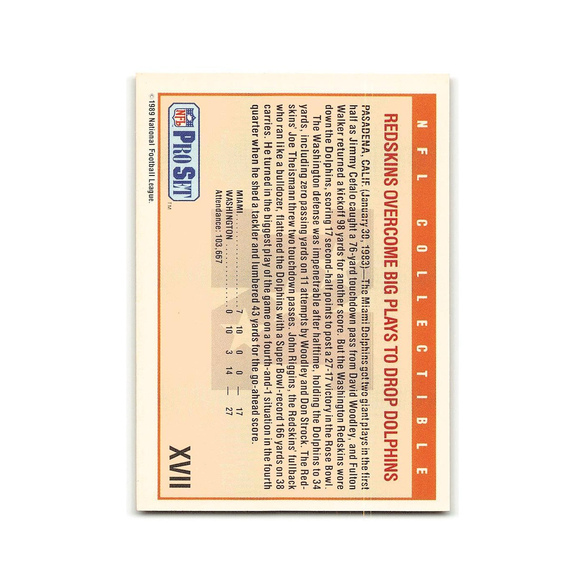 Super Bowl XVII 1989 Pro Set #XVII Washington Redskins/Miami Dolphins NM