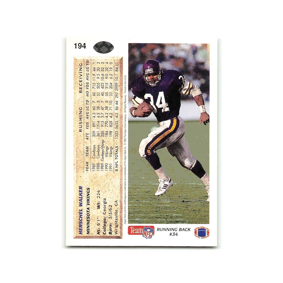 Herschel Walker 1992 Upper Deck #194 Minnesota Vikings Football Card NM