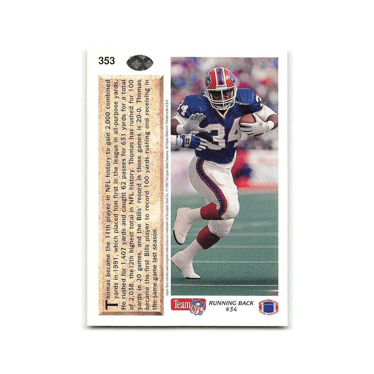 Thurman Thomas 1992 Upper Deck #353 Buffalo Bills Football Card NM