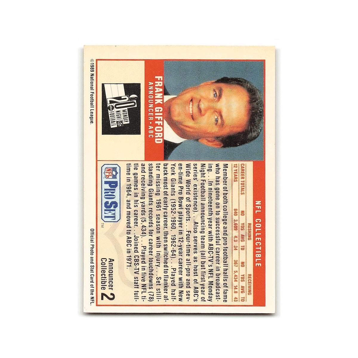 Frank Gifford 1989 Pro Set Announcers #2 New York Giants Football Card NM