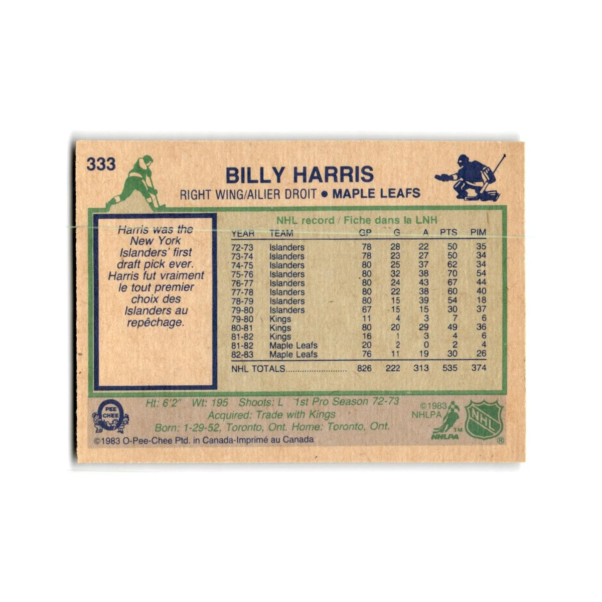 1983 O-Pee-Chee Billy Harris Toronto Maple Leafs #333
