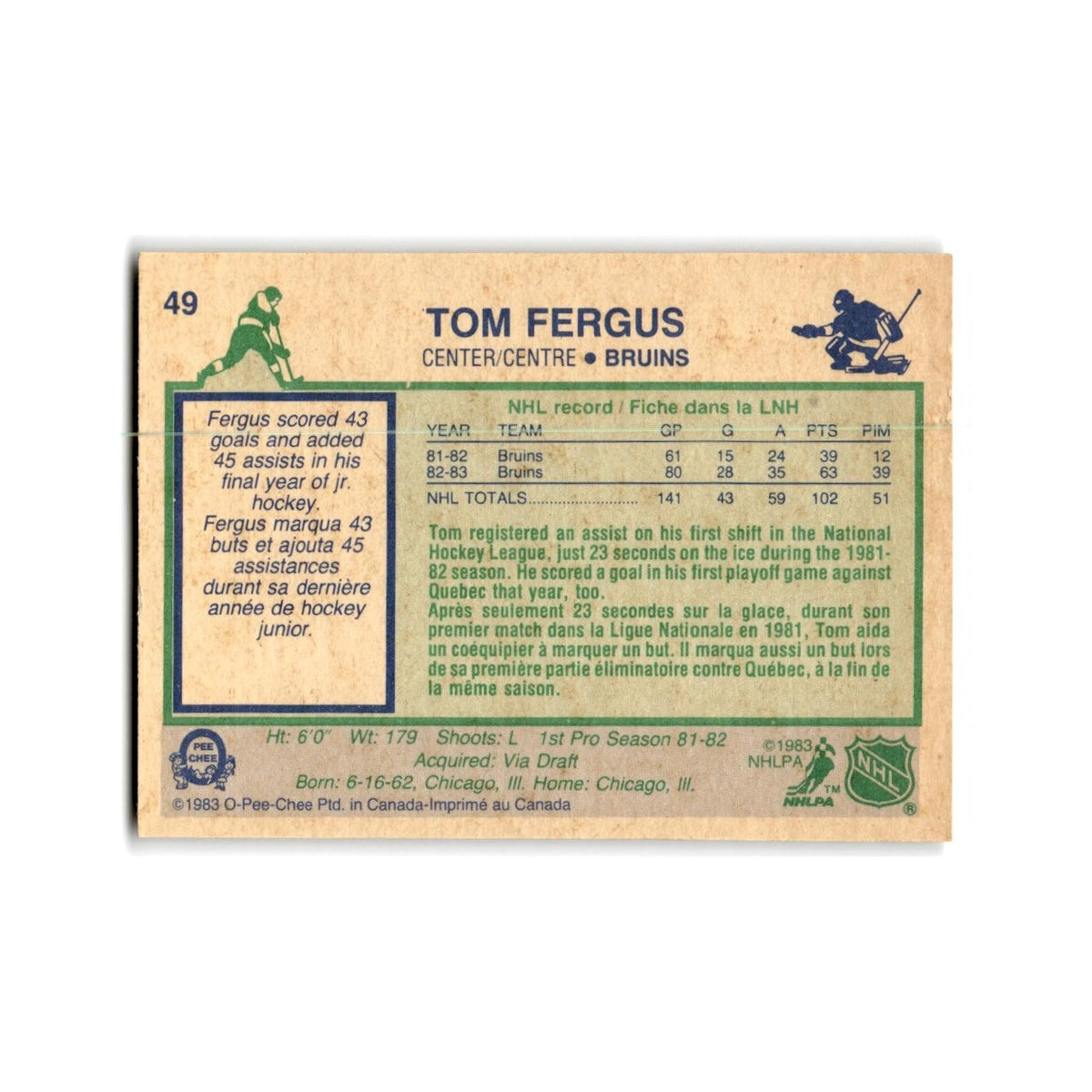 1983 O-Pee-Chee Tom Fergus Boston Bruins #49