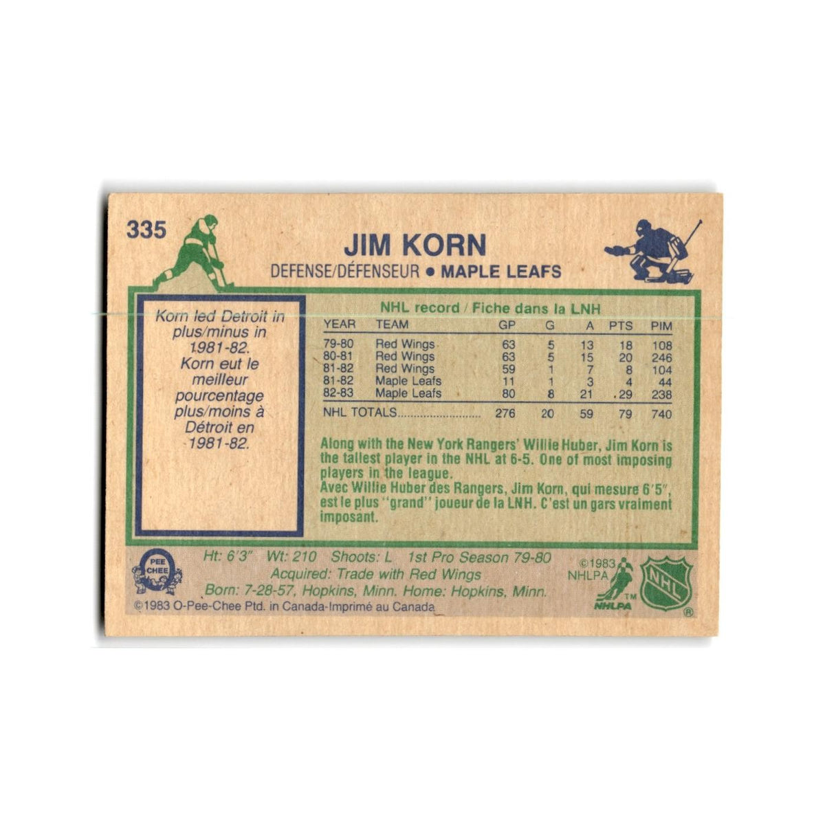 1983 O-Pee-Chee Jim Korn Toronto Maple Leafs #335
