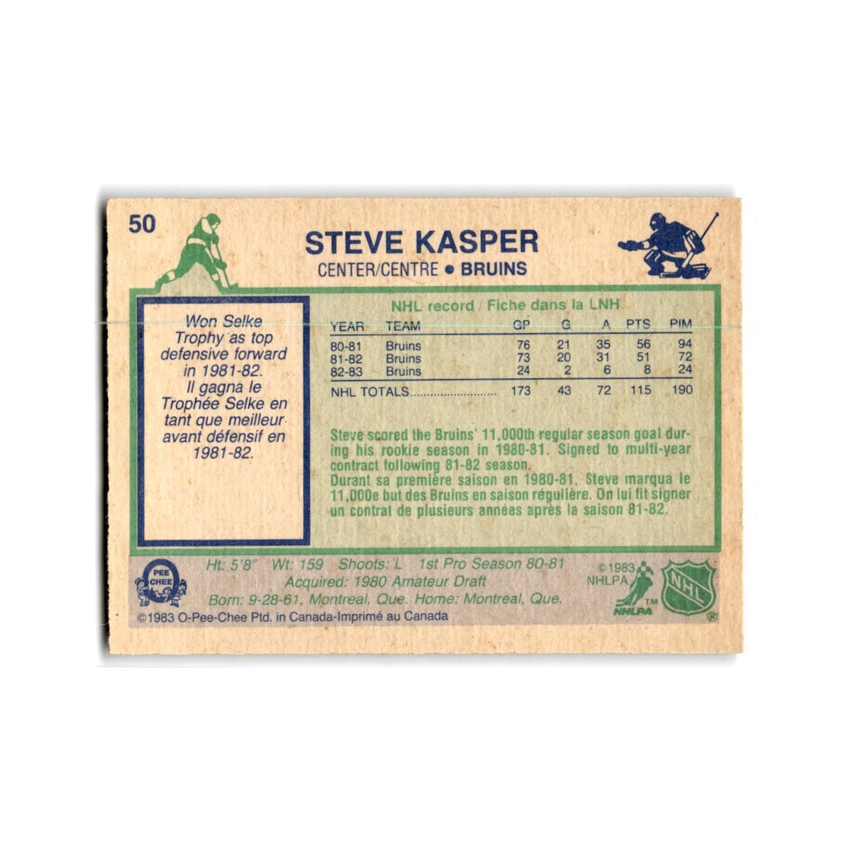 1983 O-Pee-Chee Steve Kasper Boston Bruins #50