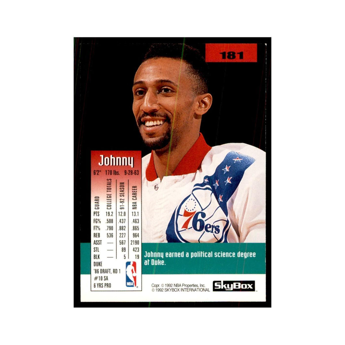 1992 SkyBox Johnny Dawkins Basketball Cards #181