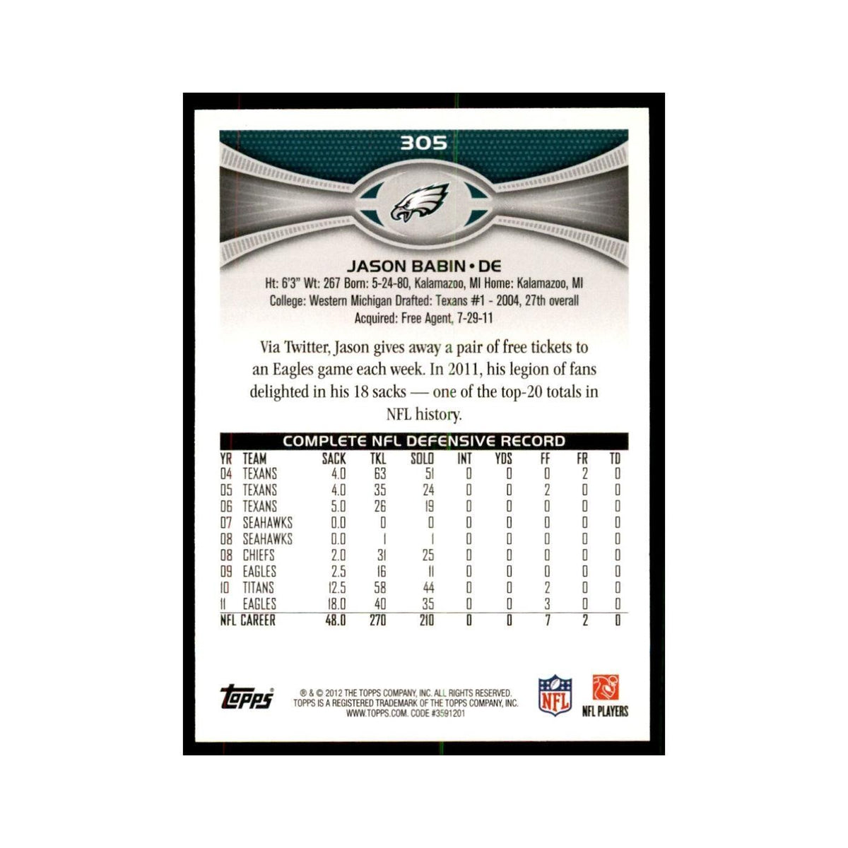 2012 Topps Jason Babin Football Cards #305