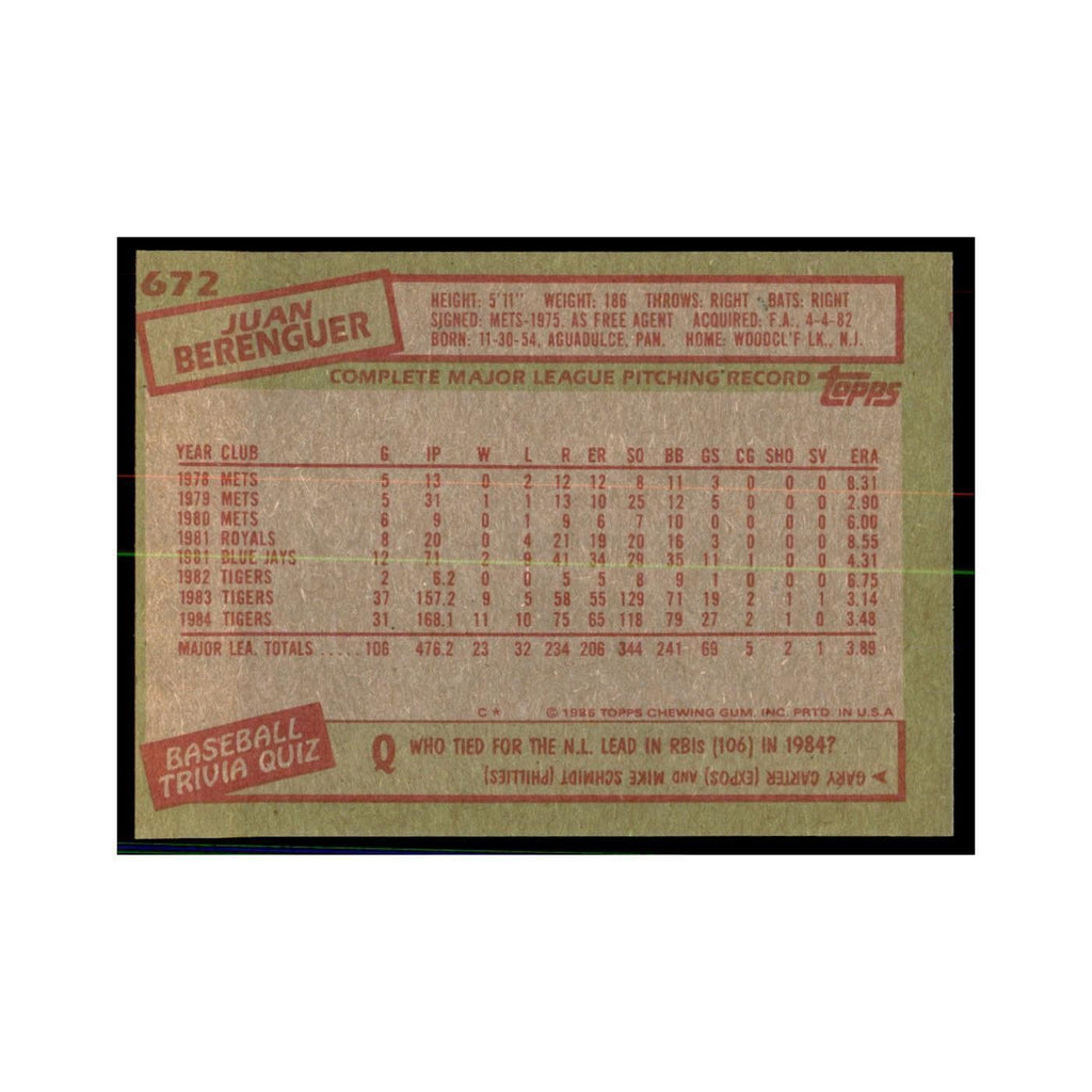 1985 Topps Juan Berenguer Baseball Cards #672