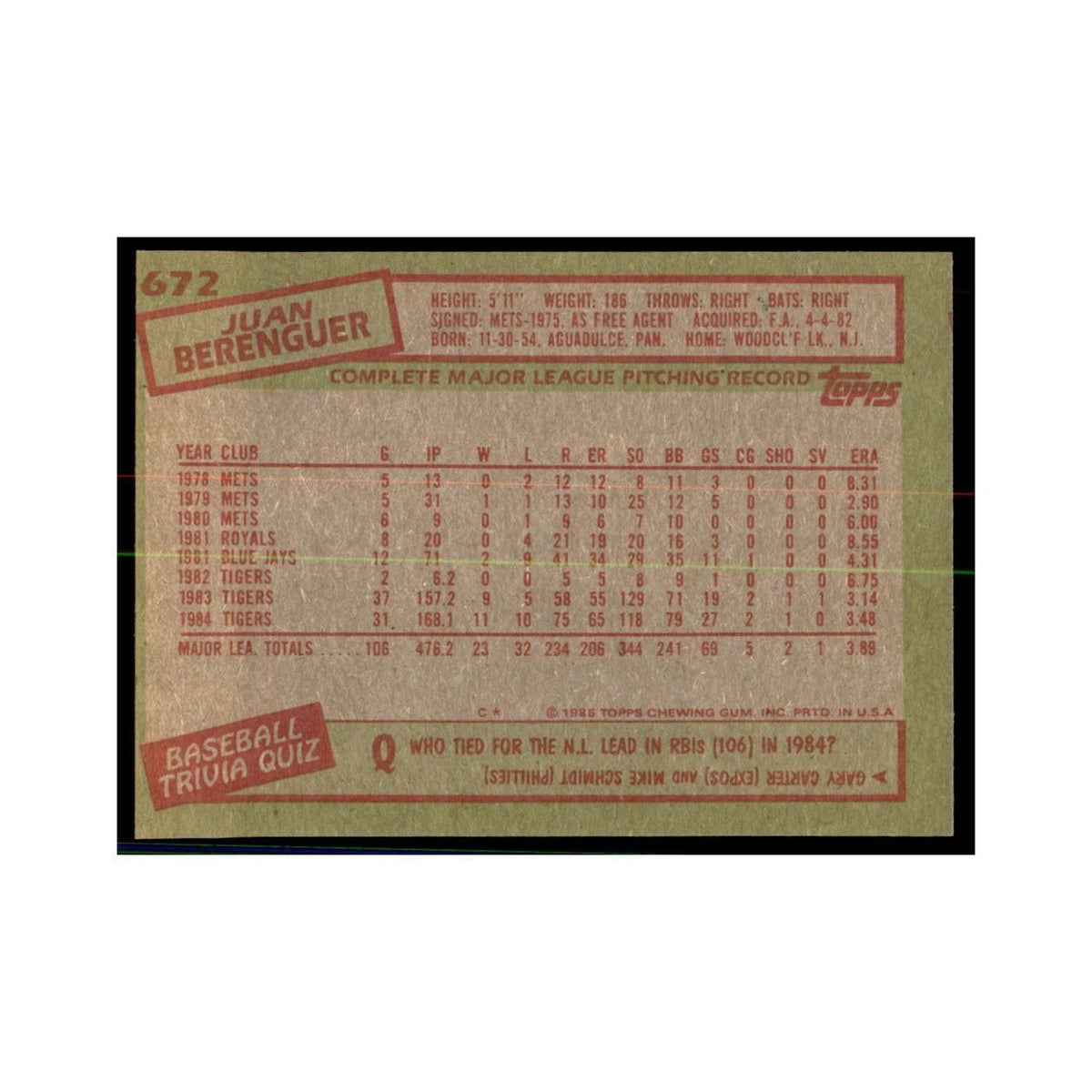 1985 Topps Juan Berenguer Baseball Cards #672