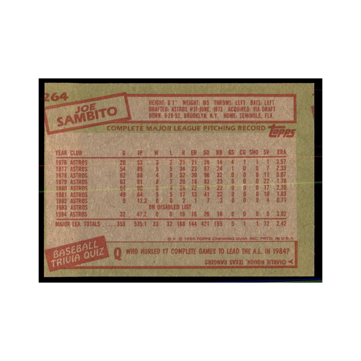 1985 Topps Joe Sambito Baseball Cards #264