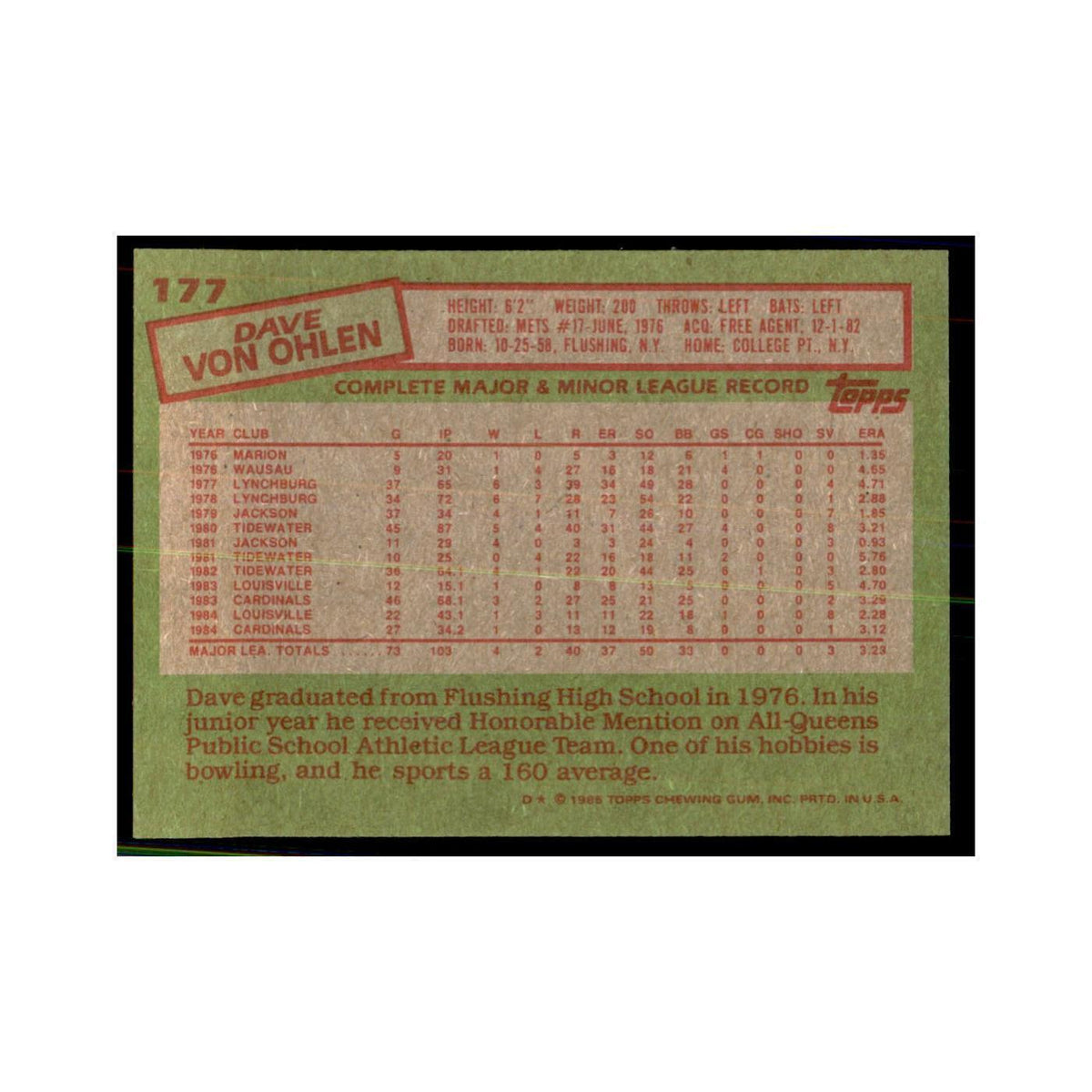 1985 Topps Dave Von Ohlen Baseball Cards #177