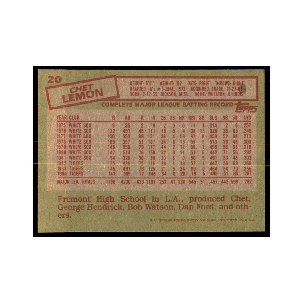 1985 Topps Chet Lemon Baseball Cards #20