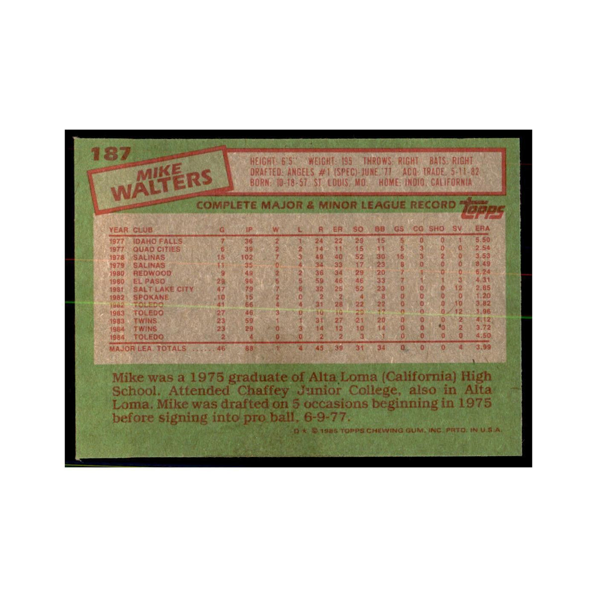 1985 Topps Mike Walters Baseball Cards #187