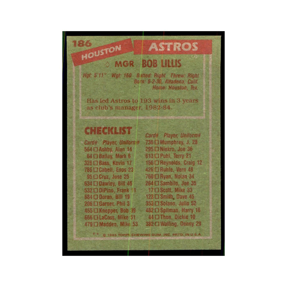 1985 Topps Bob Lillis Baseball Cards #186