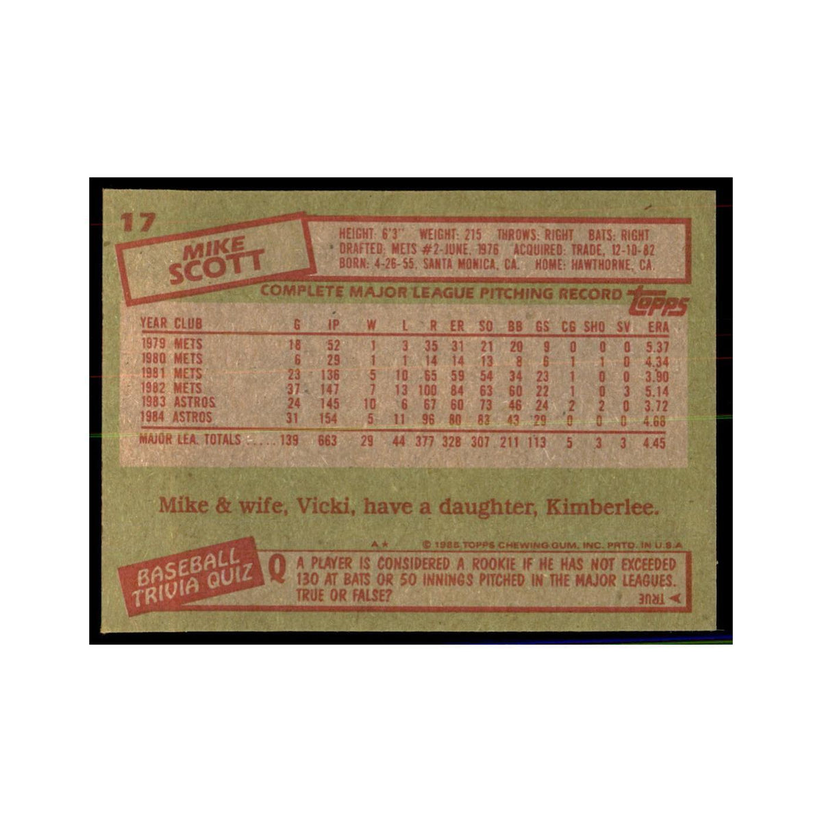 1985 Topps Mike Scott Baseball Cards #17