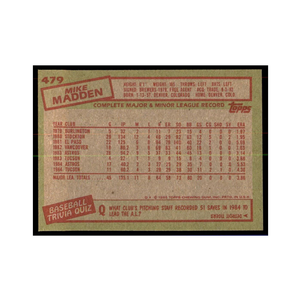 1985 Topps Mike Madden Baseball Cards #479