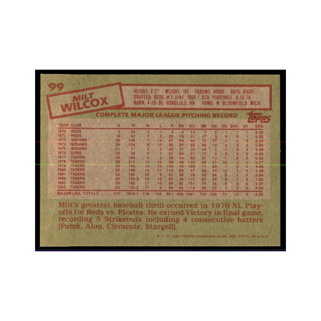 1985 Topps Milt Wilcox Baseball Cards #99