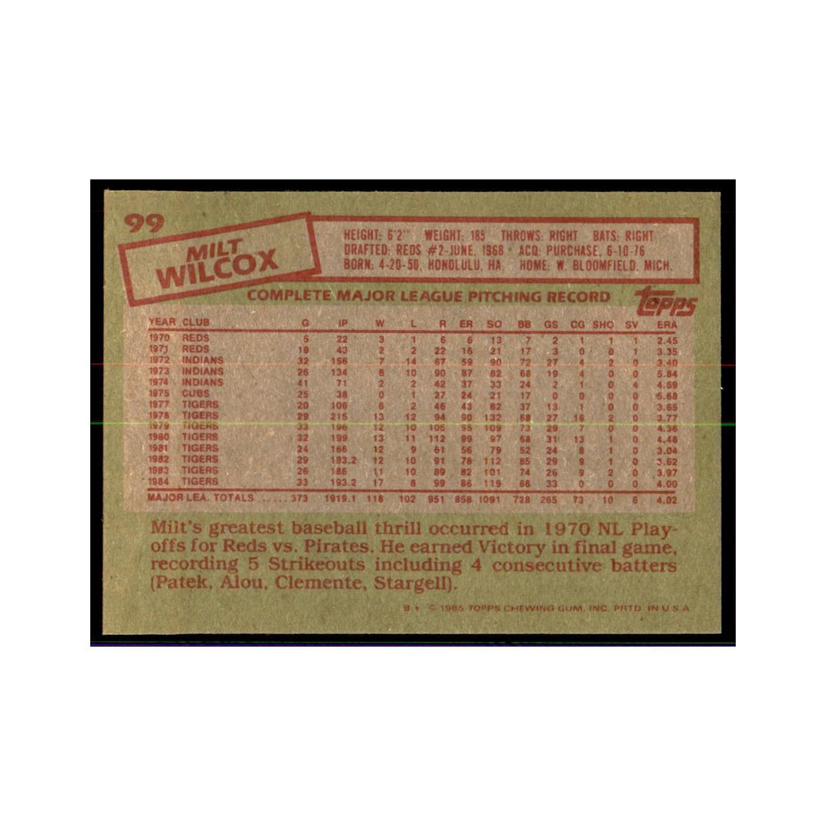 1985 Topps Milt Wilcox Baseball Cards #99