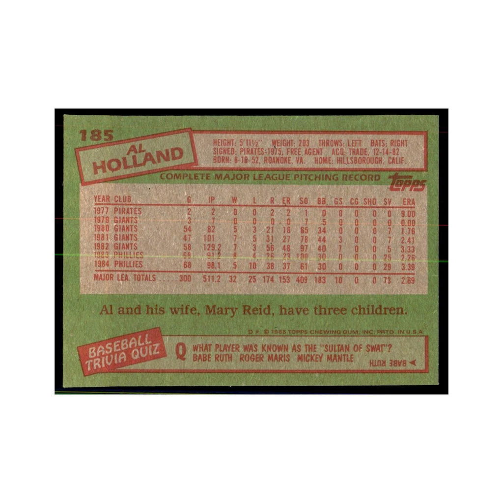 1985 Topps Al Holland Baseball Cards #185