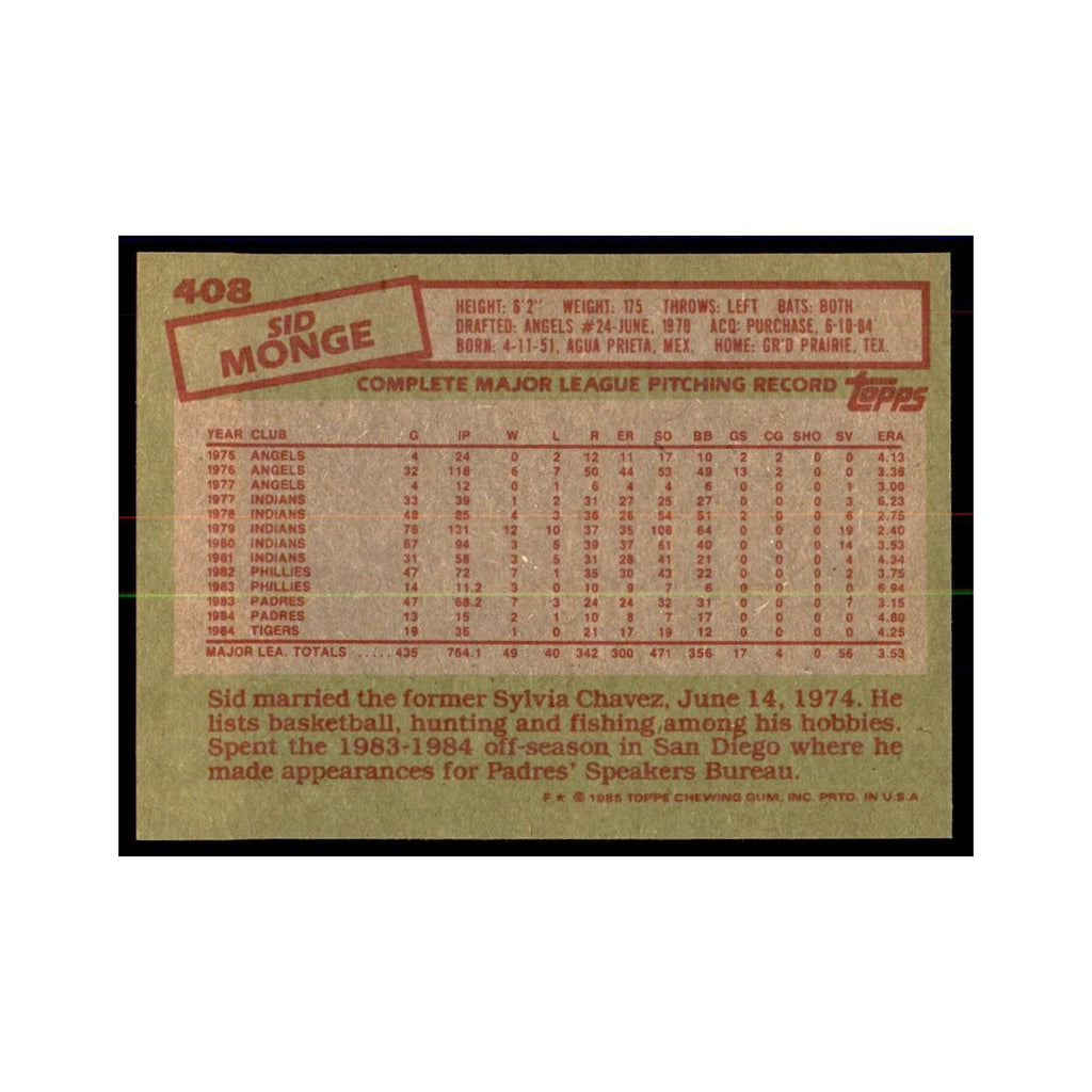 1985 Topps Sid Monge Baseball Cards #408