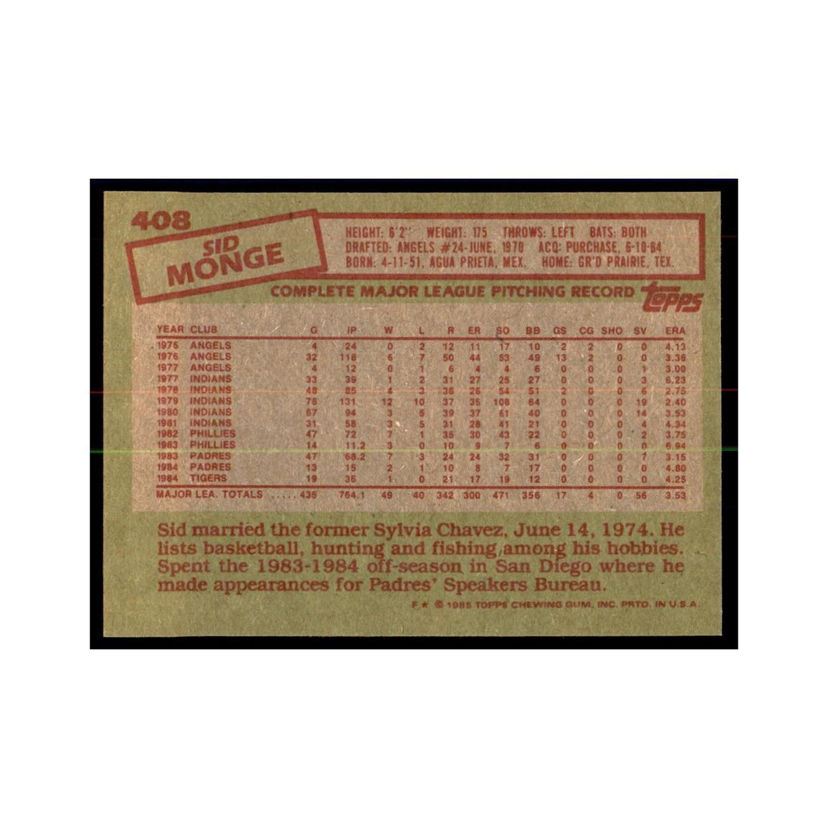 1985 Topps Sid Monge Baseball Cards #408
