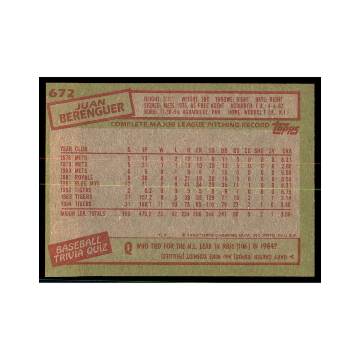 1985 Topps Juan Berenguer Baseball Cards #672