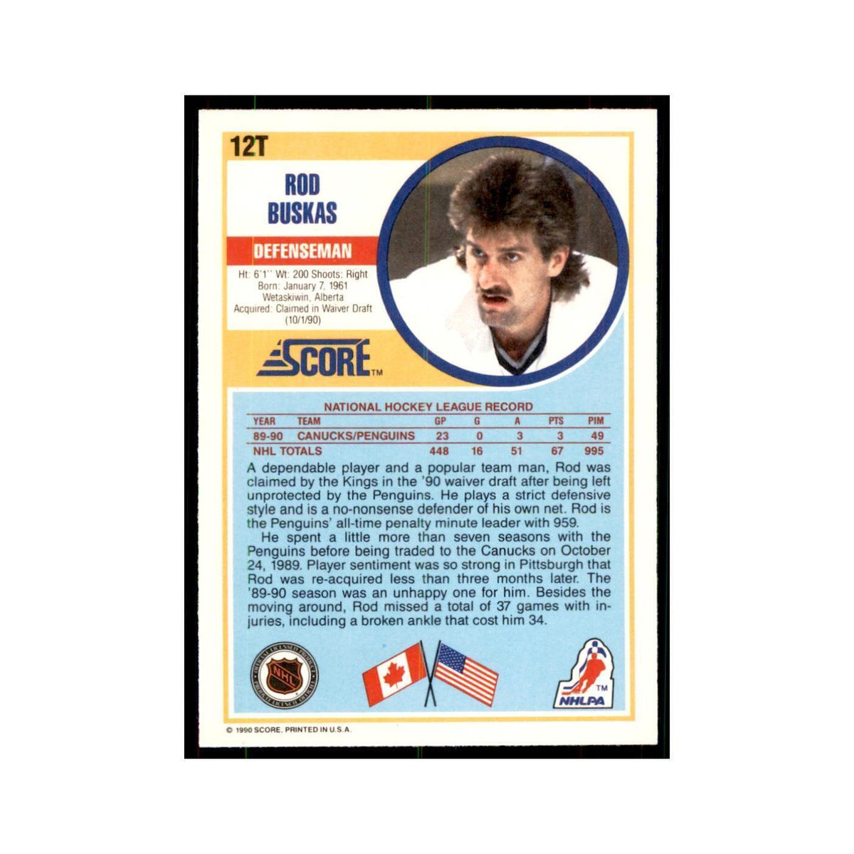 1990 Score Traded Rod Buskas Hockey Cards #12T