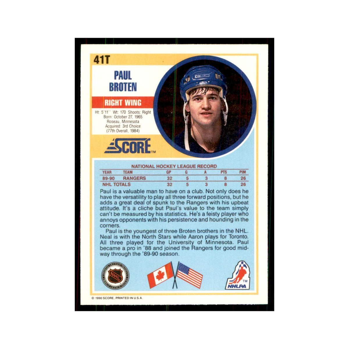 1990 Score Traded Paul Broten Hockey Cards #41T