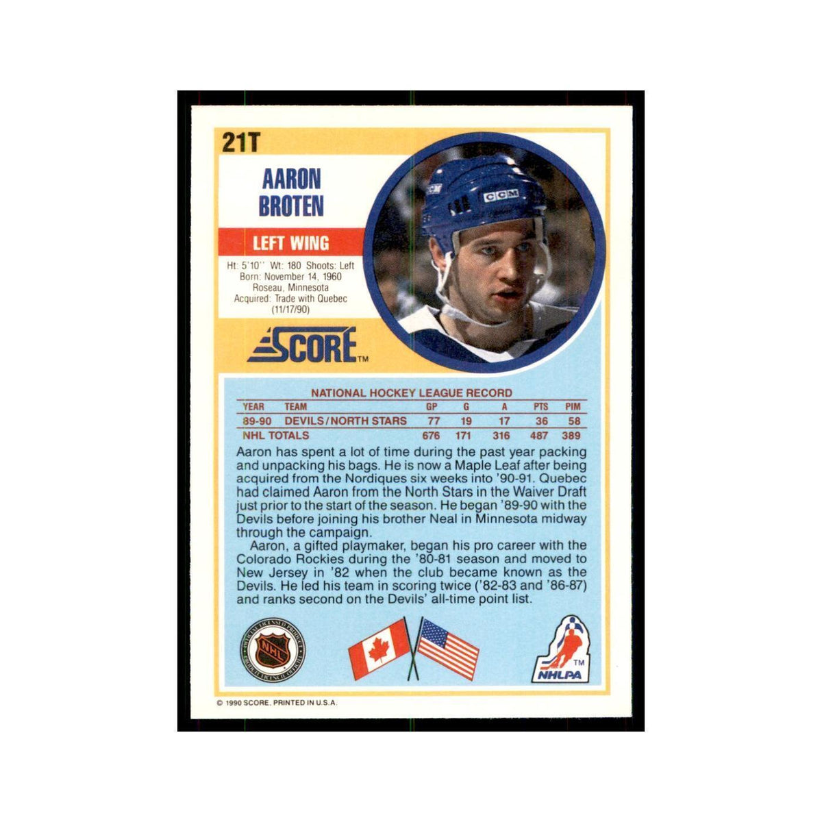 1990 Score Traded Aaron Broten Hockey Cards #21T