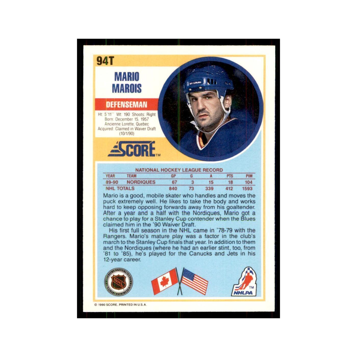 1990 Score Traded Mario Marois Hockey Cards #94T