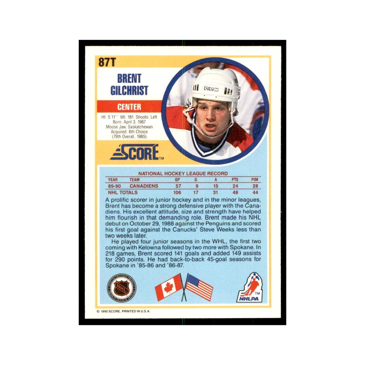 1990 Score Traded Brent Gilchrist Hockey Cards #87T