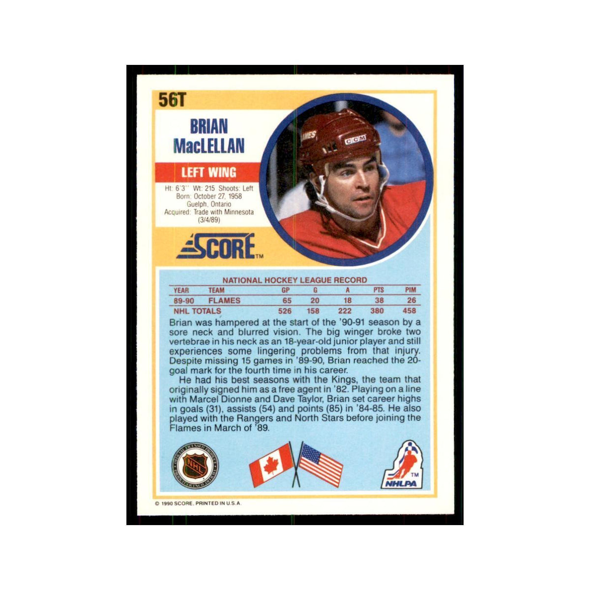 1990 Score Traded Brian MacLellan Hockey Cards #56T