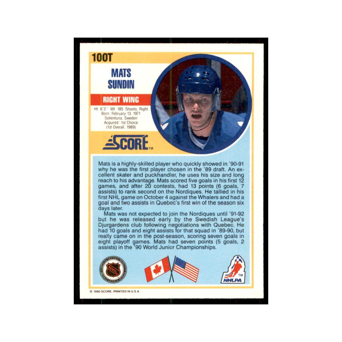 1990 Score Traded Mats Sundin Hockey Cards #100T