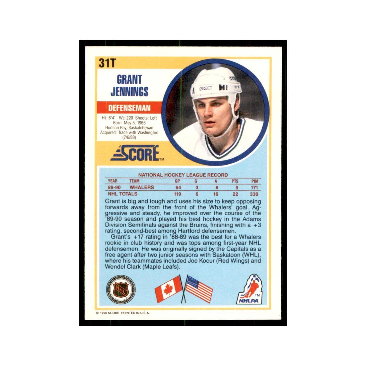 1990 Score Traded Grant Jennings Hockey Cards #31T