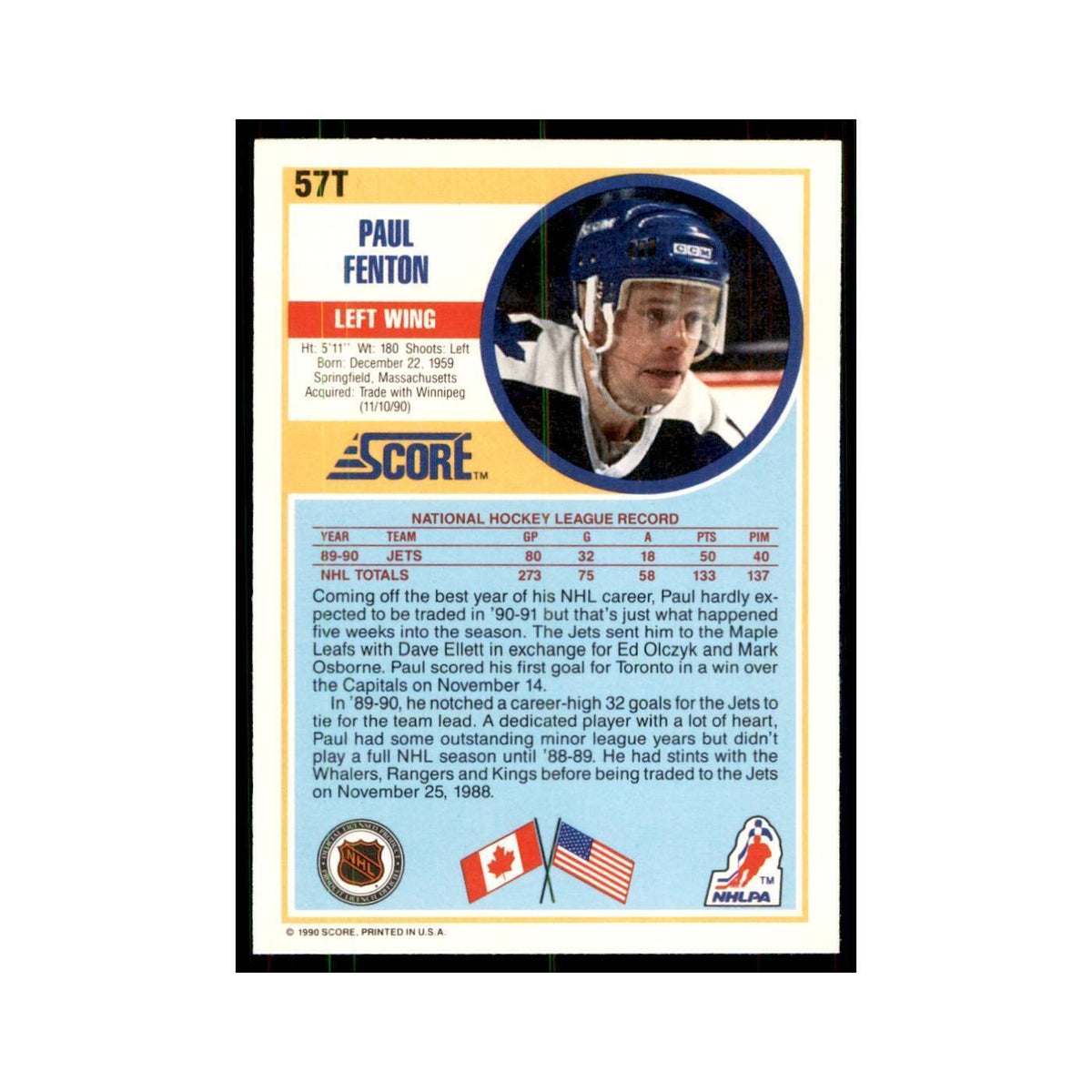 1990 Score Traded Paul Fenton Hockey Cards #57T
